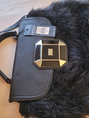 Fiorelli Black Faux Fur Shoulder Bag with Gold Accent
